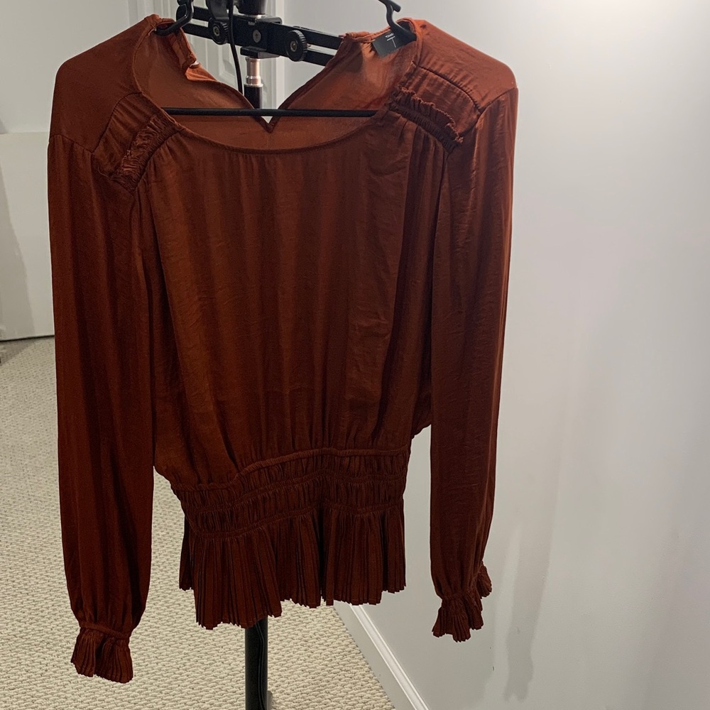 Tahari Rust Long-Sleeve Smocked Peasant Top